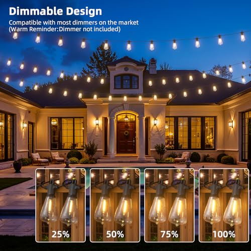 FOOMAN LED Outdoor String Lights, 150FT Outside Waterproof Patio Lights with 72+3 Shatterproof ST38 Edison Bulbs, 2700K Warm White Hanging Light, Dimmable Light for Back Yard Porch Party Gezebo - size: 150FT