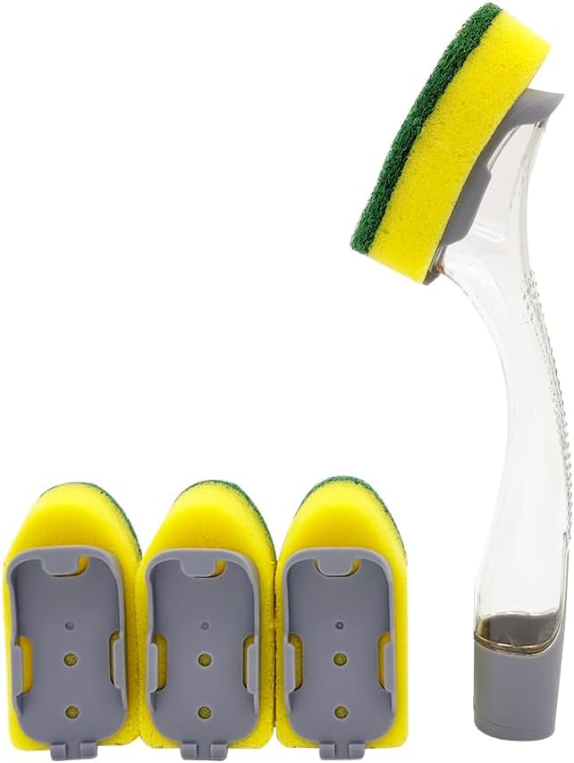The Pot Brush with Green and Yellow Washing Pads Does not Damage The Pot Handle and can be Used to add Liquid, Brush The Bowl, and Brush The Stove