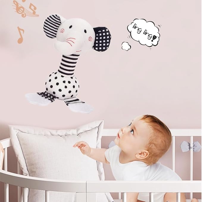D-KINGCHY Baby Toys 0-12 Months, Black and White Newborn Toys, Soft Plush Rattle Stuffed Animal Toy with Teether and Sound, Developmental Hand Grip Toys (Elephant)
