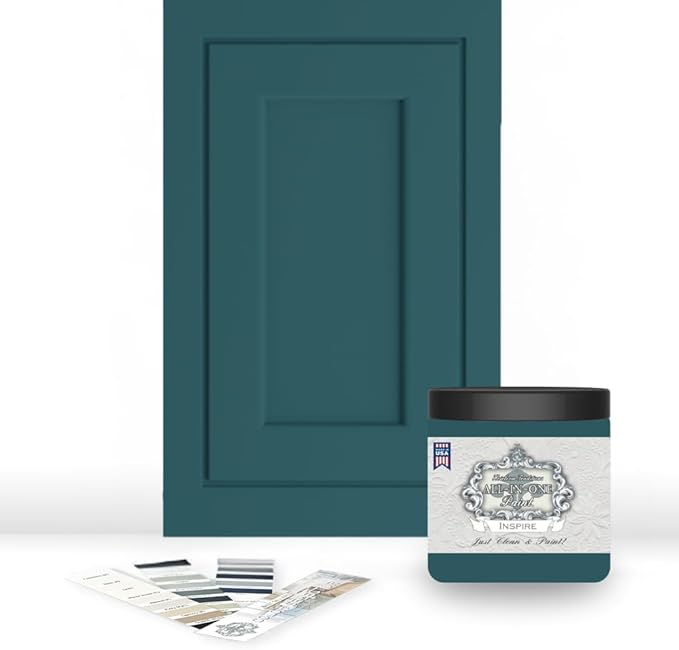 ALL-IN-ONE Paint, Durable cabinet and furniture paint. Built in primer and top coat, no sanding needed. Includes our 30 featured color card - Inspire (deep teal), 8oz Sample