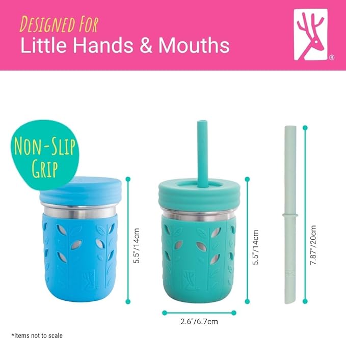 Elk and Friends 10oz Stainless Steel Kids + Toddler Drinking Cups | The Original Mason Jars with Lids + Sleeves + Straws | Smoothie Cups | Spill Resistant | Dishwasher Safe | 2 Pack