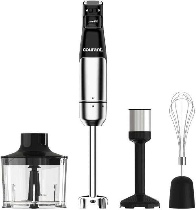 Courant Immersion Handheld Blender,4 in 1 400W Stick Blender, Variable Speed Stainless Steel Blades, Blending shaft Whisk,Chopper,Masher, Beaker Stainless Steel, LED Display