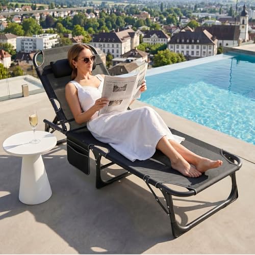 ABORON 3-in-1 Folding Patio Lounge Chair, 440LB Heavy-Duty Tri-Fold Guest Bed with Plush Cotton Cushion, No Assembly Adjustable Recliner for Office Nap, Patio Sunbathing, Poolside & Camping - color: Xtreme Deepwater