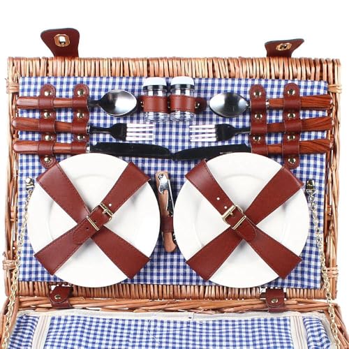 4-Person Handmade Wicker Picnic Basket Set, with Insulated Cooler Compartment, Complete Cutlery Kit, for Outdoor Parties, Picnics, Beach Trips