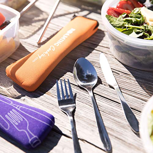 Reusable Travel Utensils with Case | Fork and Spoon Set with Knife, Chopsticks and Optional Reusable Straw– Office, Travel, or Camping Accessories| Lightweight Sturdy Reusable Utensils - color: 4pc Set - Navy Blue