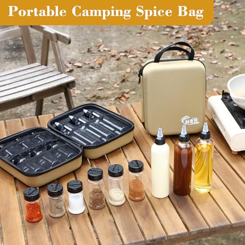 11-Piece Camping Spice Kit - 6 Powder & 3 Liquid Containers with Leakproof Lids, Portable funnel, EVA Hard Case - Portable Seasoning Set for Hiking, BBQ, RV Travel - BPA-Free PET Bottles