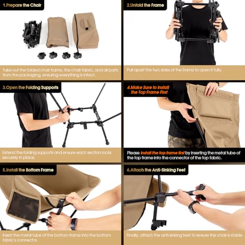 MOON LENCE High Back Folding Camping Chairs, Adjustable Height Beach Chair with Anti-Sinking Feet & Widened Seat (Khaki) - color: New Khaki With Feet 1 Pack