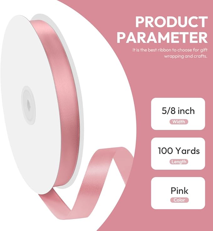 5/8" x 100 Yards Satin Ribbon - Rose Gold Silk Ribbon with Spool - Ideal for Gift Wrapping, Floral Bouquets, Crafts, Wedding Party Decorations, Christmas and Sewing Projects