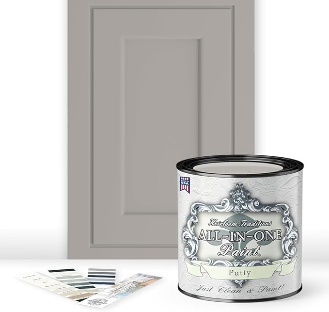 ALL-IN-ONE Paint, Durable cabinet and furniture paint. Built in primer and top coat, no sanding needed. Includes our 30 featured color card - Putty (light taupe), Quart