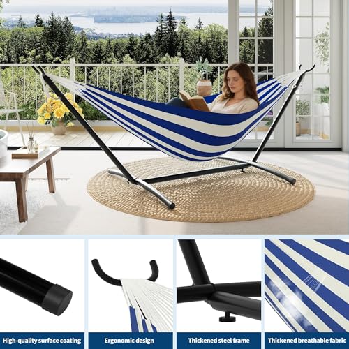 TrailBlaze Double Hammock with Steel Stand - 2 Person Outdoor & Indoor Space-Saving Patio Hammock - Heavy-Duty, 450 lbs Capacity, Easy Setup for Backyard, Garden, Camping - Blue and White Stripes - color: Blue White Stripes