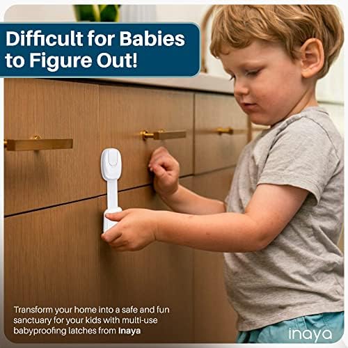 5-Pack Child Proof Cabinet Latches for Drawers, Cupboards, Fridge Toilet Seat, Dishwashers, Trash Can, Up to 37lb Pull Force - Adjustable Length, 3M Adhesive, No Drilling Child Safety Locks, White