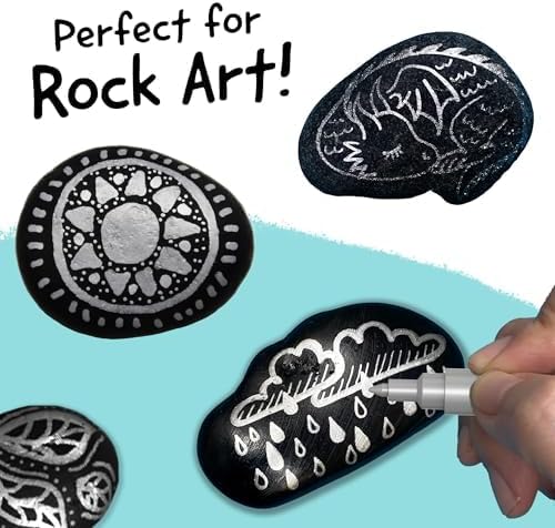 4 Acrylic Metallic Silver Paint Pen (Dual Tip) - Fine Tip & Medium, Acrylic Paint Markers - Silver Metallic Marker for Rock Painting, Canvas, Wood, Glass, Fabric, Metal and Plastic - Water-based Ink