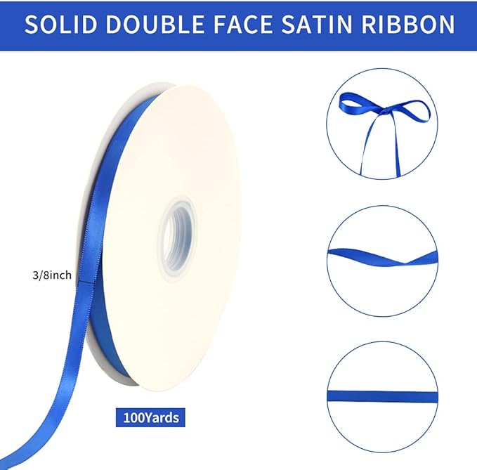 TONIFUL 3/8 Inch x 100yds Royal Blue Satin Ribbon Thin Solid Fabric Ribbons Roll for Gift Wrapping Invitation Floral Hair Balloons Craft Party Wedding Decoration Valentine's Day Bouquet