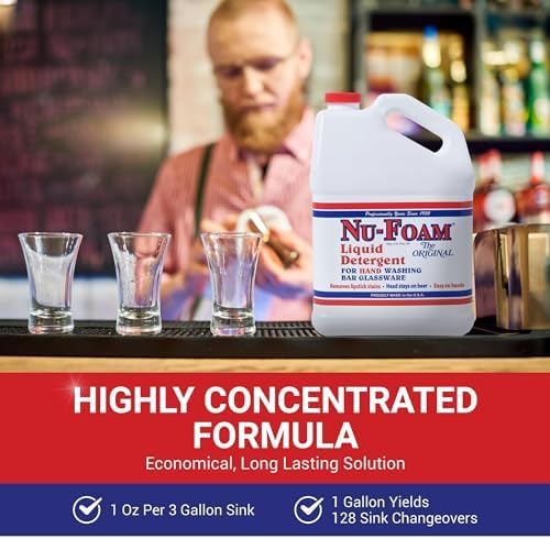 Nu-Foam Liquid Detergent for Bar Glassware – Original Streak-Free Solution - Hand Washing Bar, Tavern, Brewery Supplies - Spotless Serving Glasses - Concentrated - Easy On Hands - 3.5 Gallon Pail