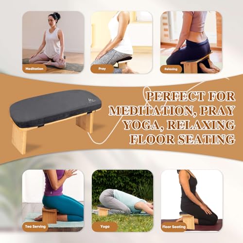 Meditation Bench with Cushion Foldable Ergonomic Bamboo Kneeling Stool Seiza Bench Wooden Meditation Stool Chair Zen Lotus Yoga Stool Floor Sitting Prayer Bench Removable Pillow - color: Dark Grey