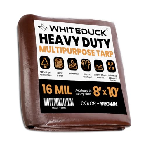WHITEDUCK 8' x 10' Super Heavy Duty Poly Tarp Thick 16 Mil, Waterproof 100% UV Resistant Rip/Tear Proof Tarp w/Rustproof Grommets & Reinforced Edges (Finished Size: 7'6"x9'6") - color: Brown- 16 Mil, size: 8' x 10'