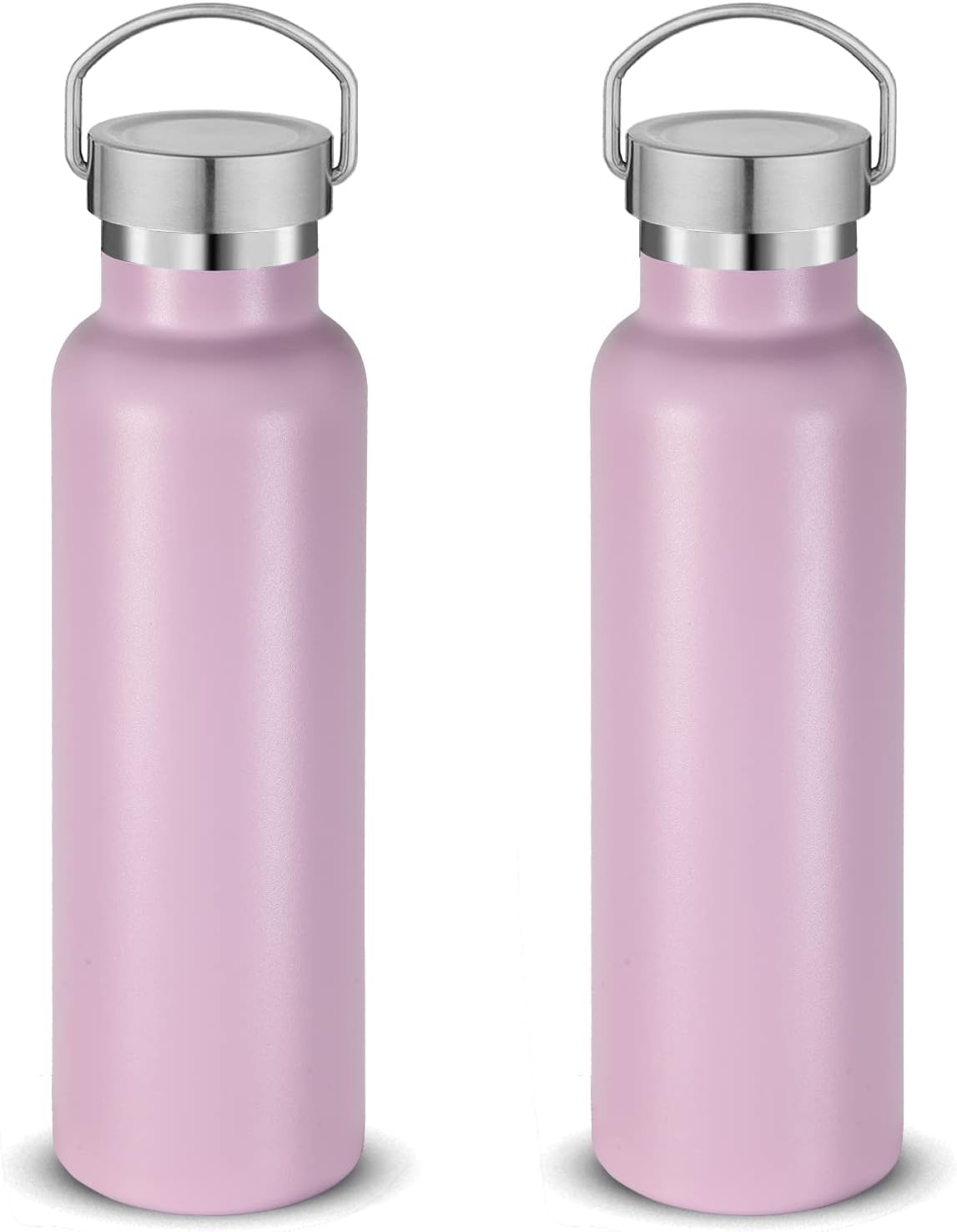 Neihepal 20 oz Insulated Water Bottles Bulk 2 Pack,Stainless Steel Double Wall Sport Bottle with Lid of Handle,Metal Reusable Thermoses Flask with Cup Cap for School,Cyclists,Gift (Pink,Set of 2)