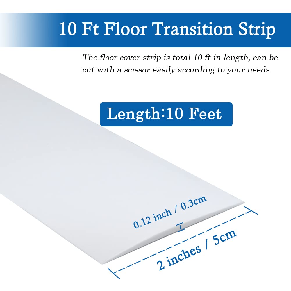 Floor Transition Strip Self Adhesive Floor Cover Strips Laminate 2" Wide Vinyl Flat Divider Transitions (5cm, 10Ft, White)