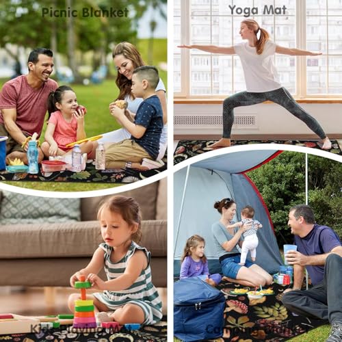Supfitness Extra Large Picnic Blankets Waterproof Foldable (60"x 80") Mushroom Beach Blanket Waterproof Sandproof,3-Layer Thicking Mat Outdoor Packable Camping Blanket - color: Black-2, size: 5' x 6'8" (Rectangular)