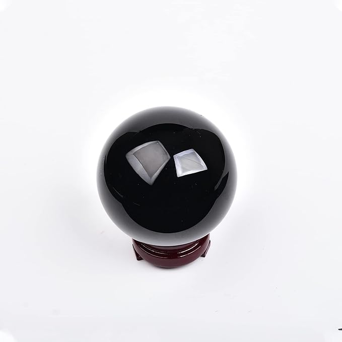 JIC Gem Small Black Obsidian Sphere Crystal Ball with Wooden Stand for Fengshui Healing Meditation Decoration (60-70mm)