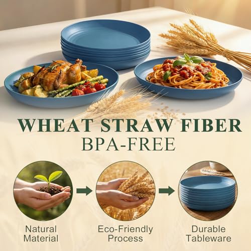 Deep Dinner Plates 9 Inch, Plastic Plates Reusable, Unbreakable Wheat Straw Plates Set of 8, Microwave & Dishwasher Serving Plate for Holiday, Party, Restaurant, Camping - Blue - color: Blue, size: 9 inch