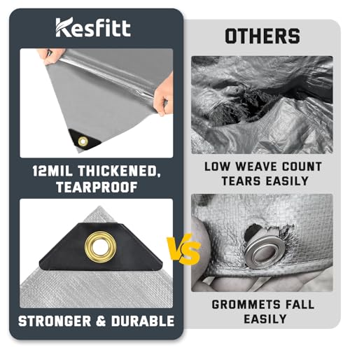 Kesfitt 12 Mil Heavy Duty Waterproof Tarp with Metal Grommets, 8x14 ft, Silver & Blue Reversible Poly Tarp for Outdoor Protection, Yard, Worksite, Pools, Vehicles, Equipment Coverage - size: 8x14 ft