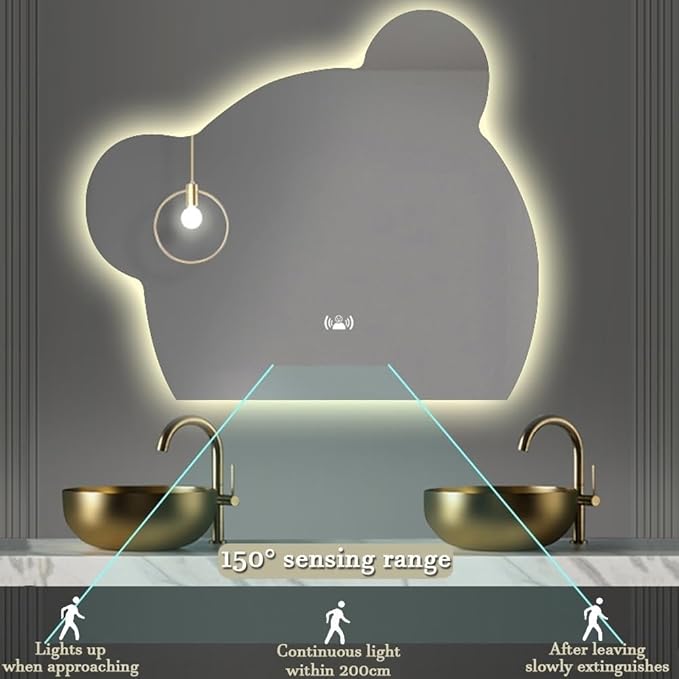 LTSRLL LED Vanity Mirror Cute Bear Decorative Mirror for Bathroom & Dressing Tabler Backlight Wall Mirror with 3 Color Dimmable Light Demister Pad Human Body Sensor Switch(Cut Left,80cmx95cm)