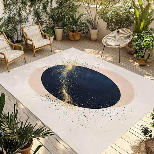 Outdoor Rug 4x6ft, Abstract Navy Blue Geometric Pattern Indoor Area Rug for Patio Backyard Deck Large Floor Mat, Modern Boho Nordic Style Non-Slip Outside Carpet Balcony Porch Camping Rugs Picnic Mat - size: 4' x 6' (Rectangular)