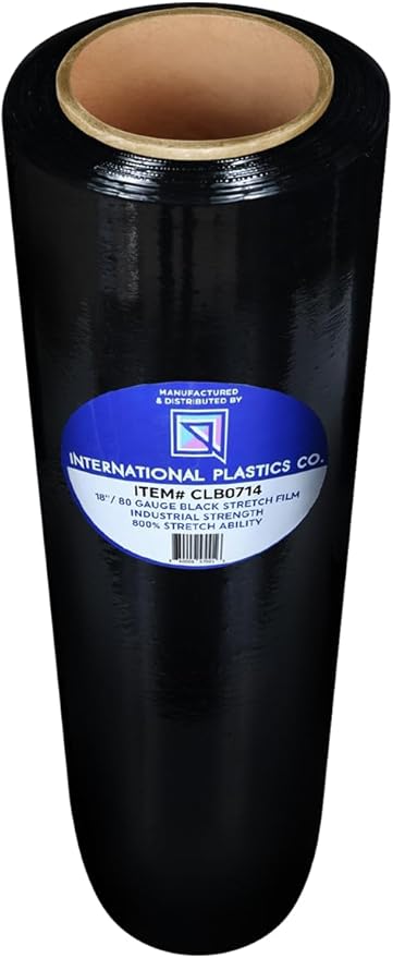 International Plastics Co. Black 18" Stretch Film/Wrap 1500 feet 7 Layers 80 Gauge Industrial Strength 800% Stretch 20 Microns Durable Adhering Packing Moving Heavy Duty Shrink Film (1 Pack, Black)