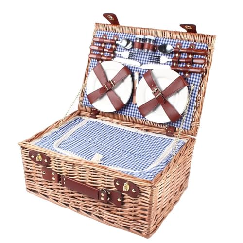 4-Person Handmade Wicker Picnic Basket Set, with Insulated Cooler Compartment, Complete Cutlery Kit, for Outdoor Parties, Picnics, Beach Trips