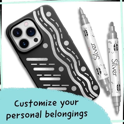 4 Acrylic Metallic Silver Paint Pen (Dual Tip) - Fine Tip & Medium, Acrylic Paint Markers - Silver Metallic Marker for Rock Painting, Canvas, Wood, Glass, Fabric, Metal and Plastic - Water-based Ink