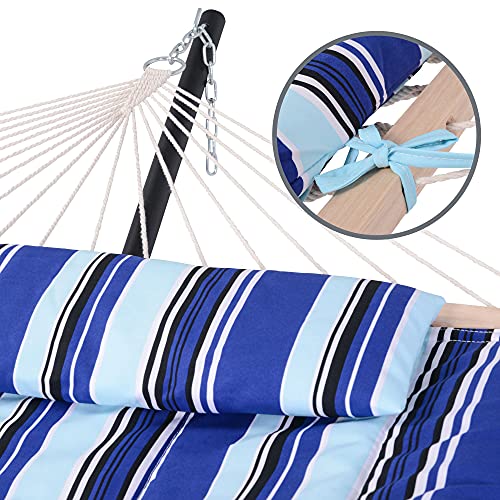 SUNCREAT Cotton Rope Hammock for Two People with Hardwood Spreader Bars, Quilted Fabric Pad & Detachable Pillow, Extra Large Hammock with Wooden Stand, Blue Stripe - color: Pad-blue Stripes