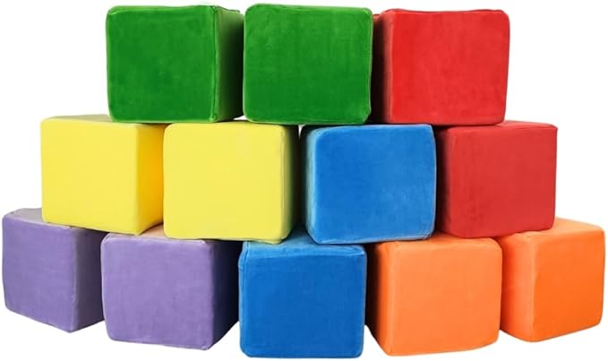 Wonder Space Plush Foam Blocks - Nursery Building & Stacking Toys for Toddlers Boys & Girls, Soft Smooth Velvet Cover, Early Education Gross Motor Skills & Brain Development (12 Cubes, Classic)