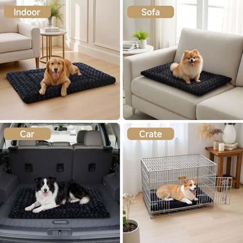 Washable Dog Bed Mat Ultra Soft Dog Crate Pad Comfy Fluffy Pet Kennel Beds Sleeping Mattress for Large Jumbo Medium Small Dogs, 36 x 23 Inch, Black - color: Black, size: 36.00" x 23.00" x 1.50"