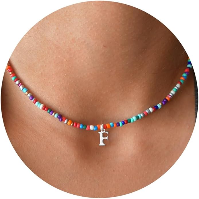 Yoosteel Colorful Beaded Initial Necklaces for Girls Gifts - Cute Initial Necklaces for Girls Kids Jewelry A-Z Letter Choker Necklace for Women Birthday Gifts for Teens Daughter Niece Granddaughter