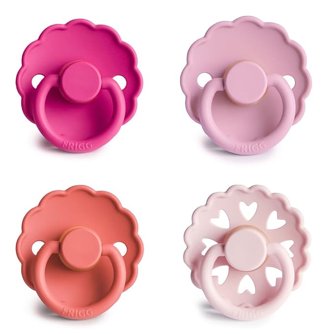 FRIGG Natural Rubber Baby Pacifier 4-Pack Rosy Romance | Made in Denmark | BPA-Free (6-18 Months)
