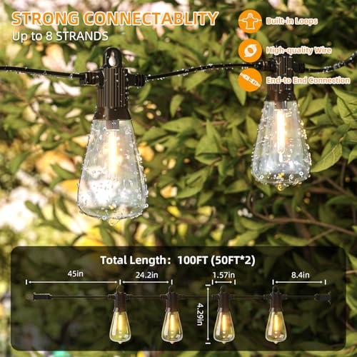 FOOMAN LED Outdoor String Lights, 100FT Outside Waterproof Patio Lights with 50+3 Shatterproof ST38 Edison Bulbs, 2700K Warm White Hanging Light, Dimmable Light for Back Yard Porch Party Gezebo - size: 100FT