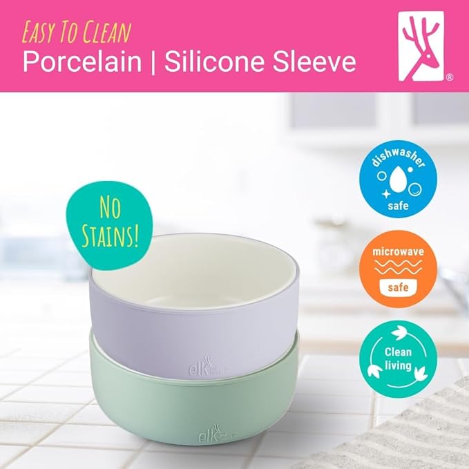 Elk and Friends Kids Porcelain Bowls with Silicone Sleeve | Kids/Toddler/Baby Feeding | Microwave & Dishwasher Safe | Non slip | Cereal/Soup/Snack Dishes & Dinnerware