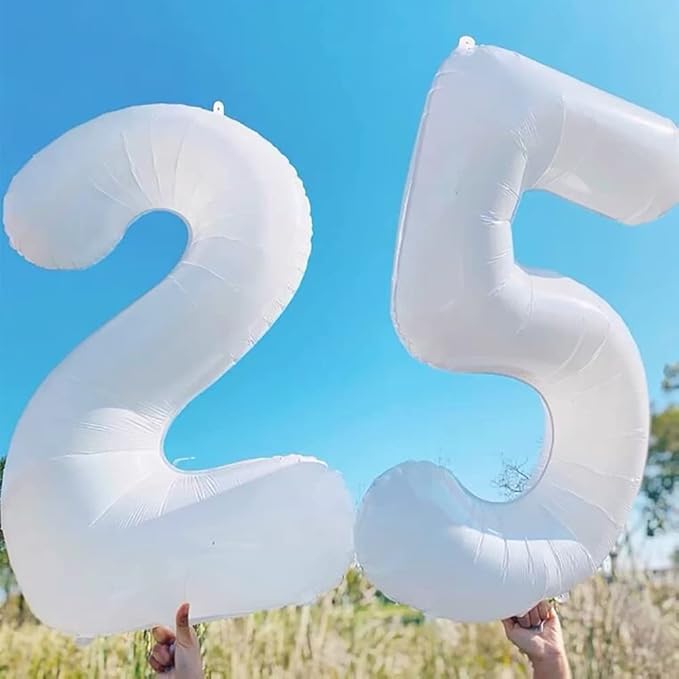 GOER Number 25 Balloons for 25th Birthday Party Decorations,42 Inch Jumbo Foil Helium 52 Balloons for 52nd Birthday Party Decoration (White)