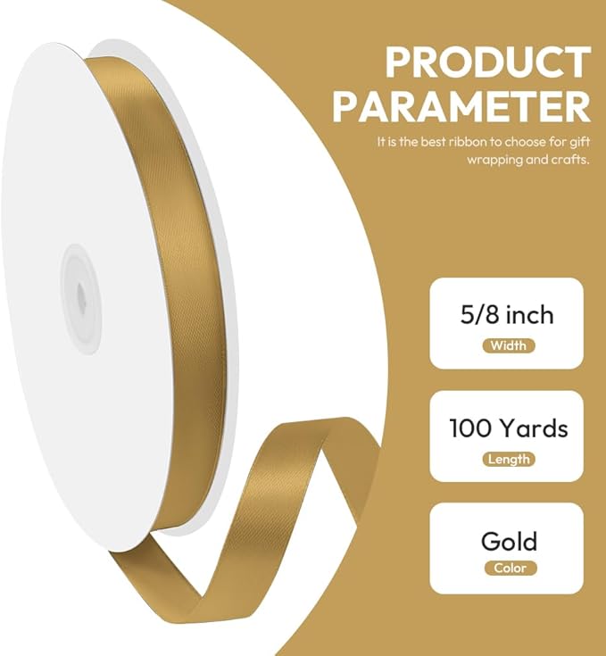 5/8" x 100 Yards Satin Ribbon - Gold Silk Ribbon with Spool - Ideal for Gift Wrapping, Floral Bouquets, Crafts, Wedding Party Decorations, Christmas and Sewing Projects