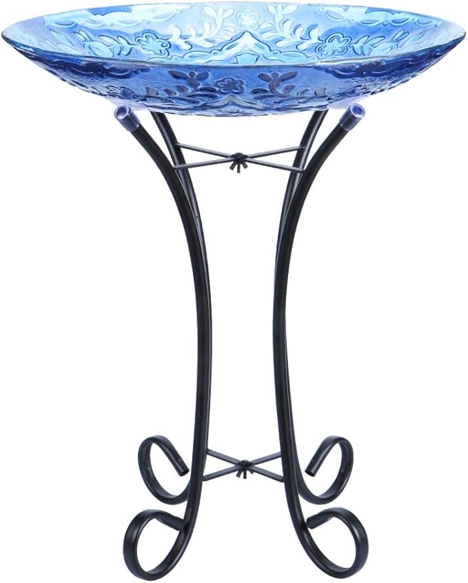 MUMTOP Outdoor Glass Birdbath with Metal Stand for Lawn Yard Garden Decor,18” Dia/21.65 Height