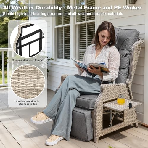 Outdoor Recliner with Adjustable Back and Footrest, Patio 150 Lay Flat Recliner with Flip Table Wicker Reclining Lounge Chair, Grey with Beige Wicker 2PCS - color: Grey With Beige Wicker, size: 2PCS