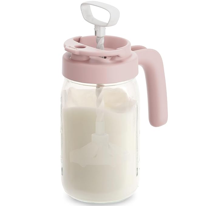 Papablic Glass Breastmilk Pitcher, Formula Mixing Pitcher with Mixing Handle Lid, Wide Mouth Mason Jar Mixer with Flip Locking Spout, Easy to Clean, BPA Free, Pink