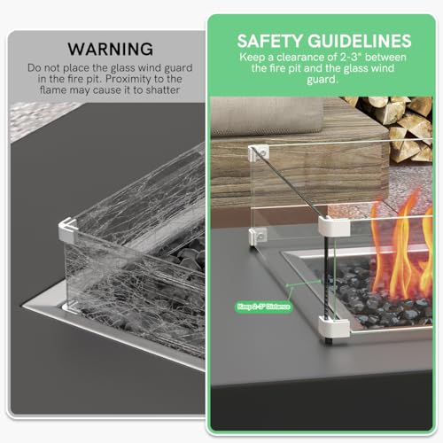 41.5 x 13.5 x 6 Inch Glass Wind Guard for Propane Gas Fire Pit Table, Rectangular Thick Tempered Glass Shield, Firepit Glass Barrier with Aluminum Corner Bracket & Rubber Feet - size: 41.5" x 13.5" x 6"