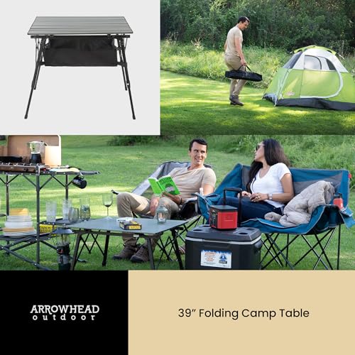 ARROWHEAD OUTDOOR 39" Aluminum Folding Camp Roll Up Table w/Adjustable Height, Undertable Mesh Storage, Carry Bag - color: Grey