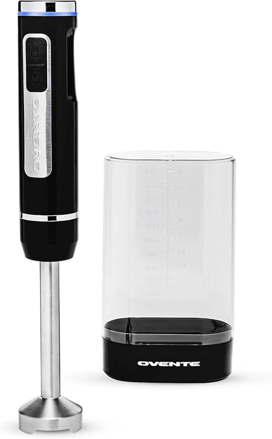 OVENTE Cordless Immersion Hand Blender, Rechargeable Handheld Portable Stick Mixer with 8 Mixing Speed Option, One-Touch Control and Stainless Steel Blades for Smoothies, Shakes or Soups, Black HR781B