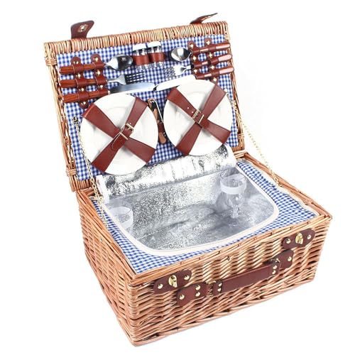 4-Person Handmade Wicker Picnic Basket Set, with Insulated Cooler Compartment, Complete Cutlery Kit, for Outdoor Parties, Picnics, Beach Trips
