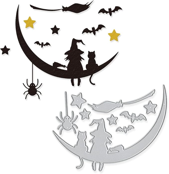 Metal Halloween Die Cuts Moon Cat Spider Star Witch Cutting Dies Embossing Stencil Template for Card Making Scrapbooking Paper Craft Album Stamps DIY Halloween Décor