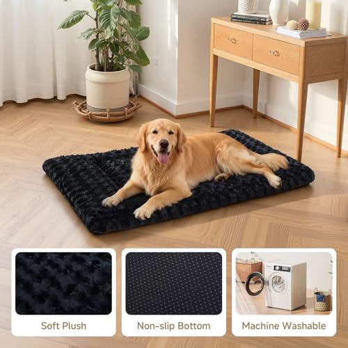 Washable Dog Bed Mat Soft Dog Crate Pad Fluffy Pet Kennel Beds Sleeping Mattress with Non-Slip Bottom for Large Jumbo Medium Small Dogs, 41 x 27 Inch, Black - color: Black, size: 41.00" x 27.00" x 1.50"