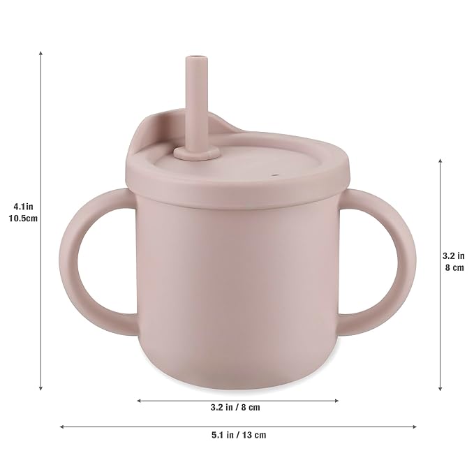 PandaEar 2 Pack Silicone Baby Straw & Snack Cup with 2 Spoons 2 Forks, Dual-Purpose Toddler Training Cups, Pink Green